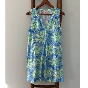 Lilly Pulitzer Sleeveless V-Neck Shift Dress Blue Green Starburst Print Summer